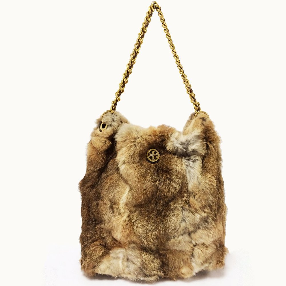 Tory Burch Genuine Rabbit Fur Shoulder Bag Natural Brown Gold Chain Strap